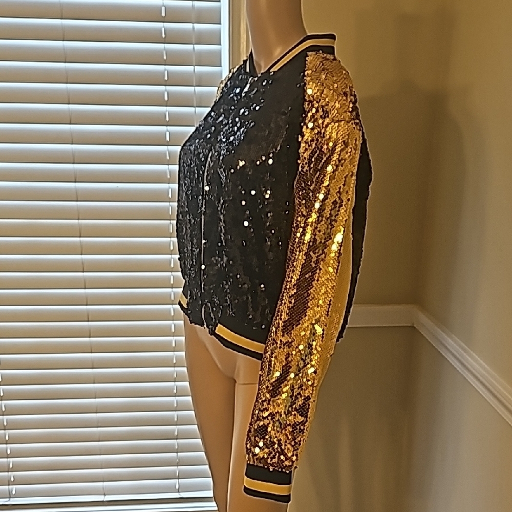 Sequin Bomber Jacket - Black and Gold - Picture 2 of 6
